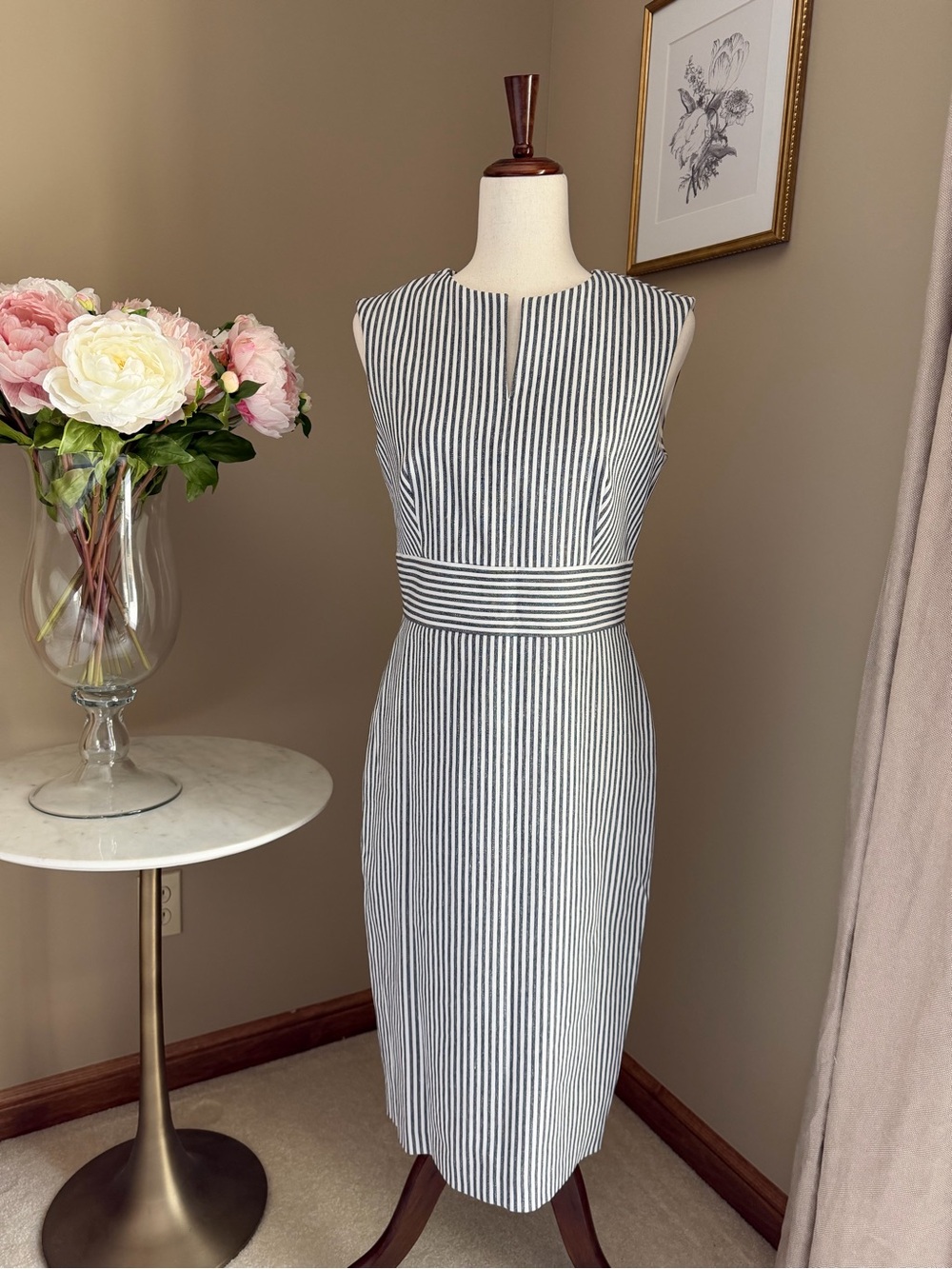 MaxMara Black and White Striped Sleeveless Midi Dress